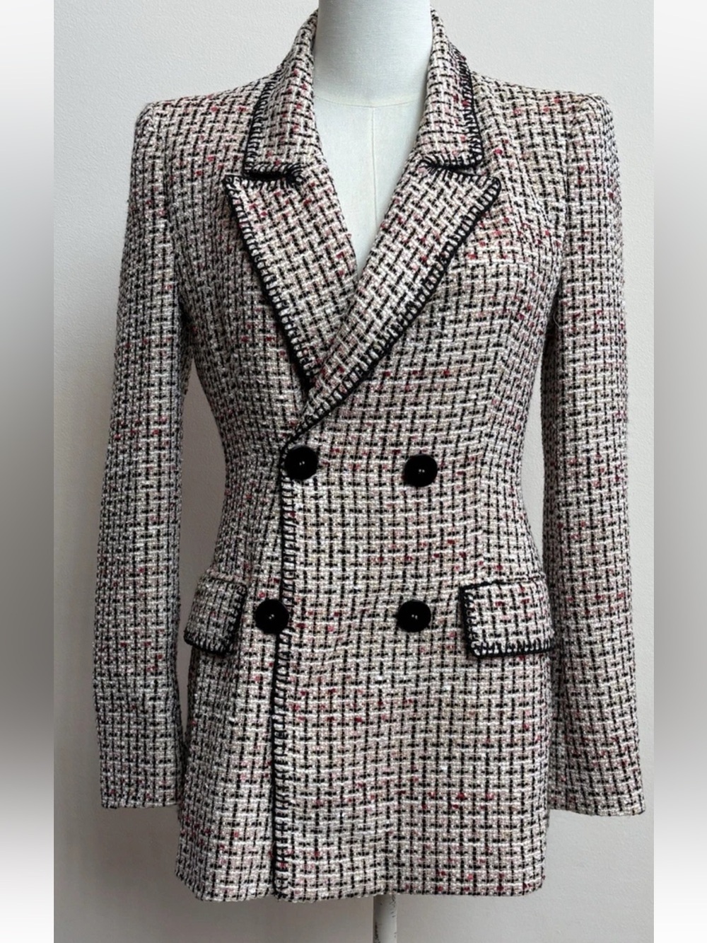 Zara Tweed Double Breasted Boucle Blazer Small Pink Black Gold